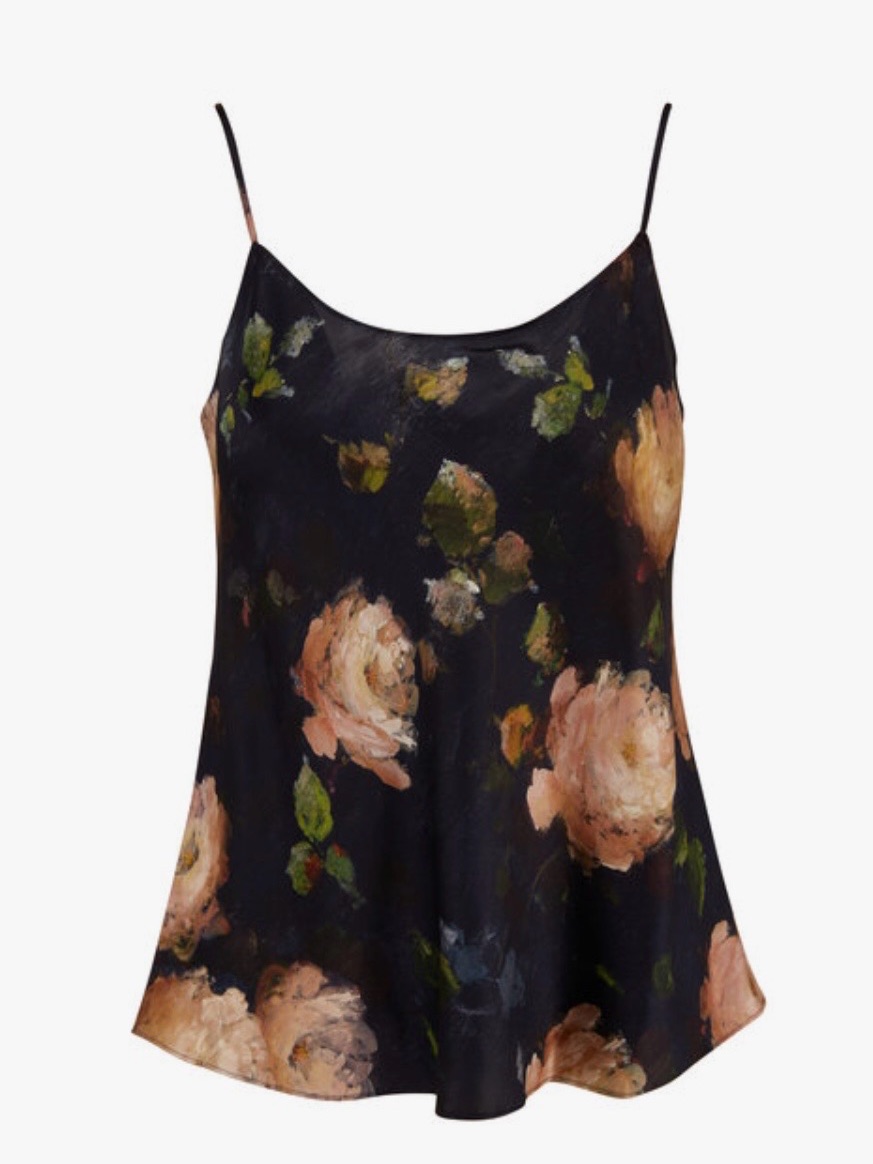 Vince 100% Silk Floral Camisole Tank Black Multi Painted Rose Print Size S
